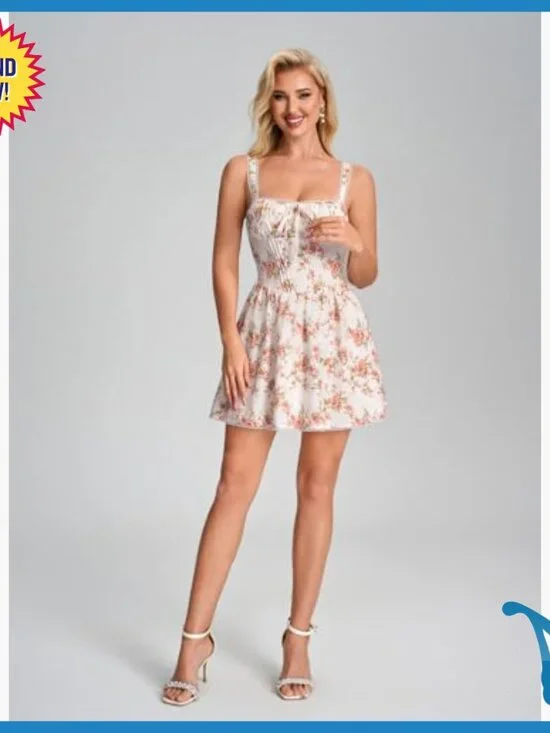 Summer Floral Mini Dress Corset Lace Up Square Neck A-Line Casual - Picture 6 of 7